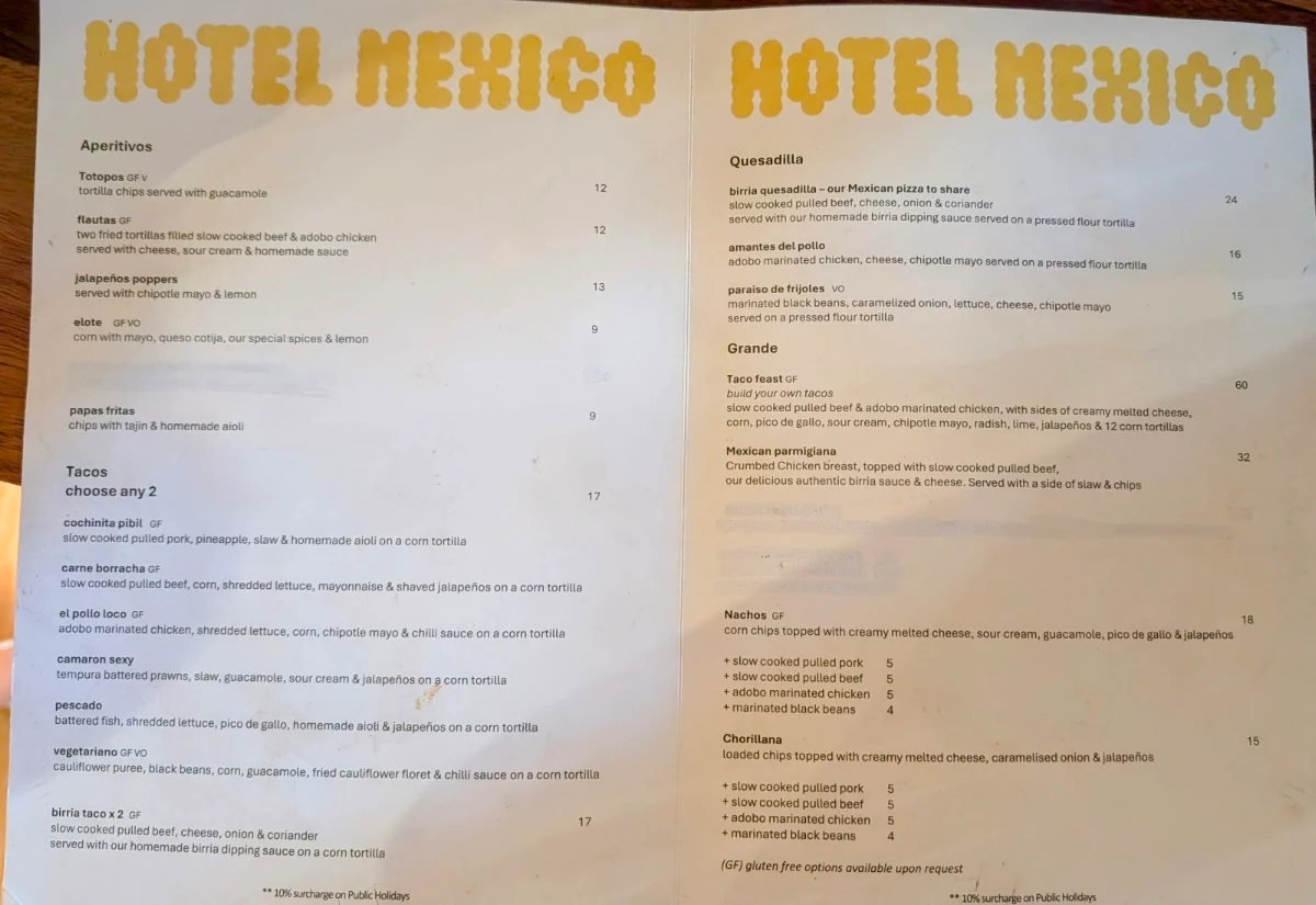 Menu, Hotel Mexico