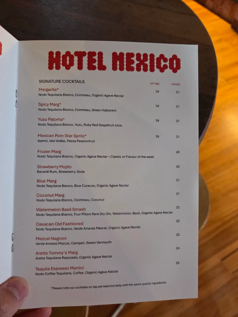 Menu, Hotel Mexico