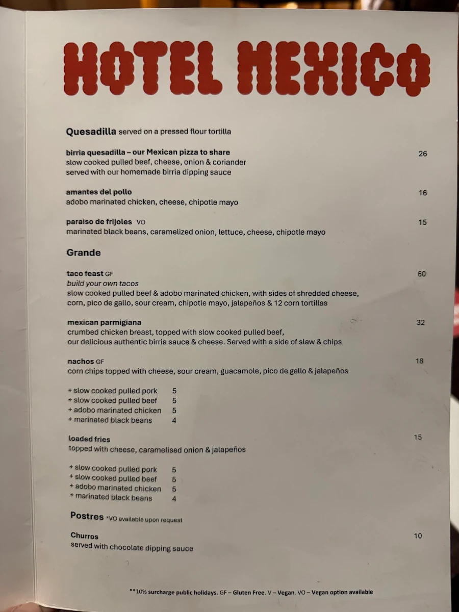 Menu, Hotel Mexico