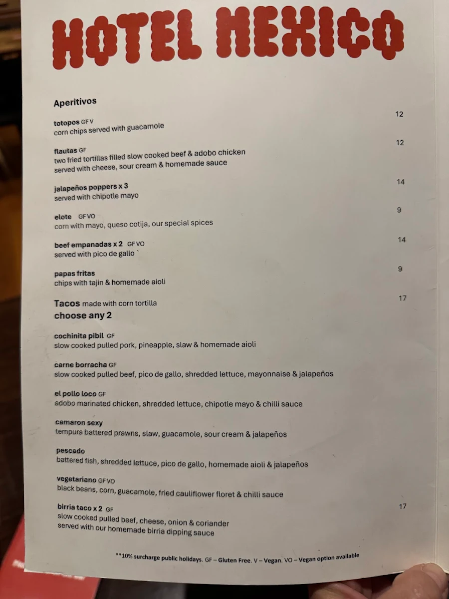 Menu, Hotel Mexico