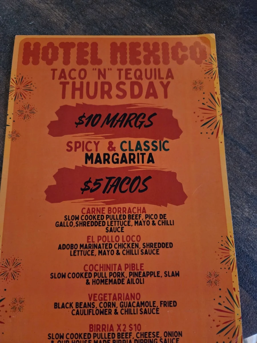 Menu, Hotel Mexico