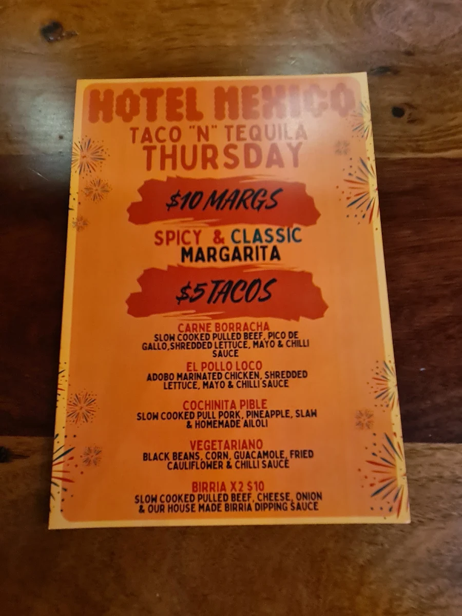 Menu, Hotel Mexico