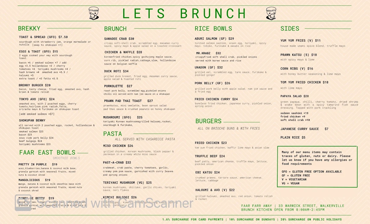 Menu, Faar Farr Away