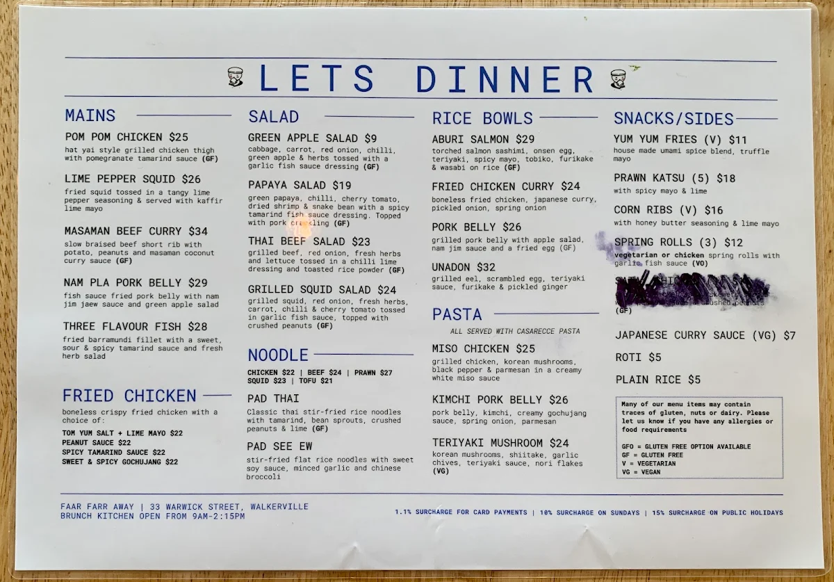 Menu, Faar Farr Away