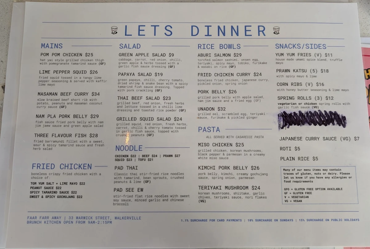 Menu, Faar Farr Away
