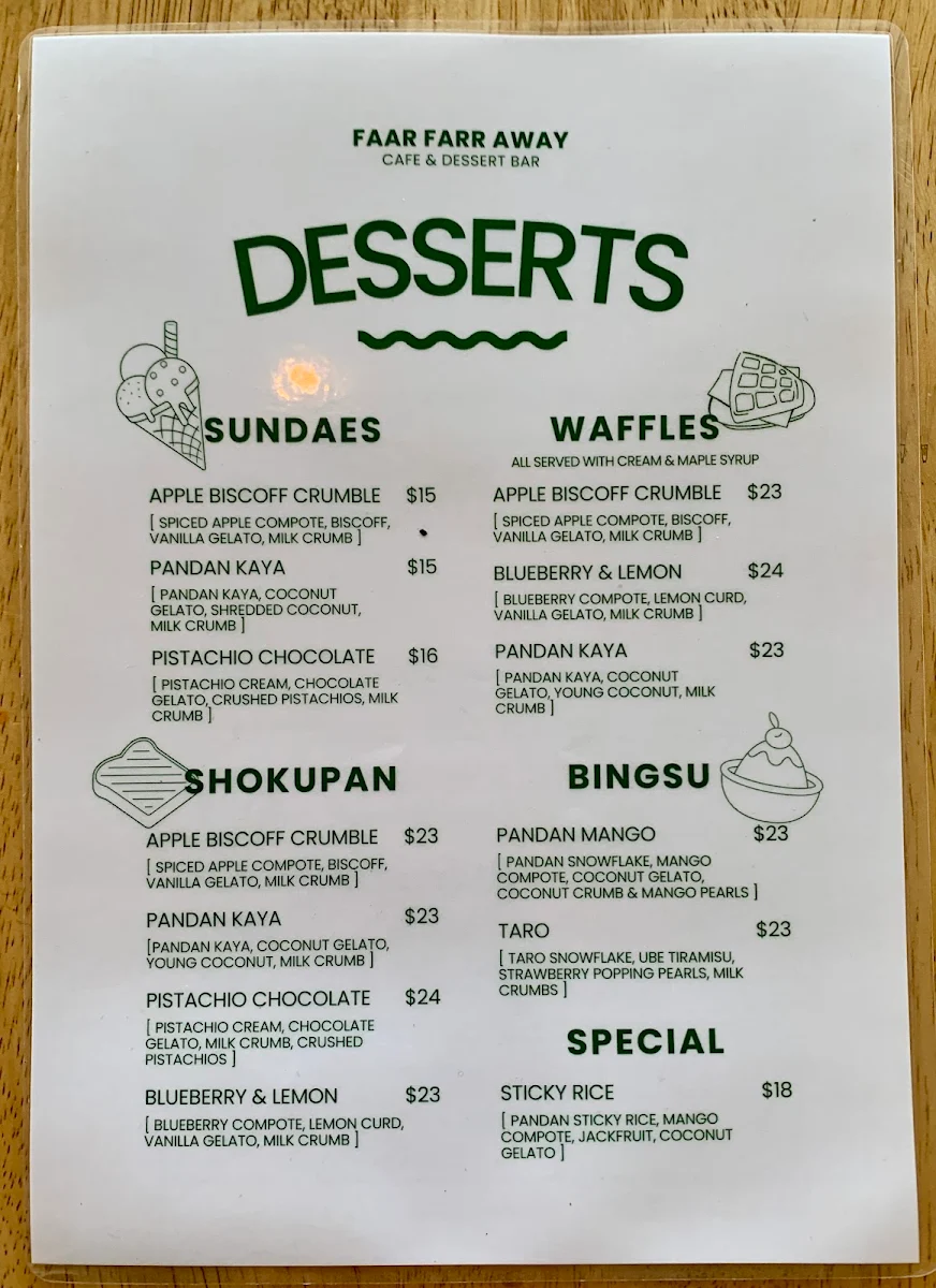 Menu, Faar Farr Away