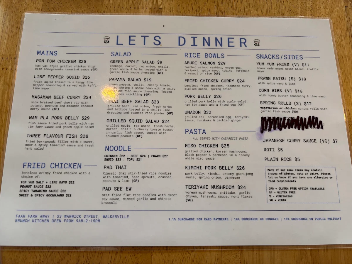 Menu, Faar Farr Away