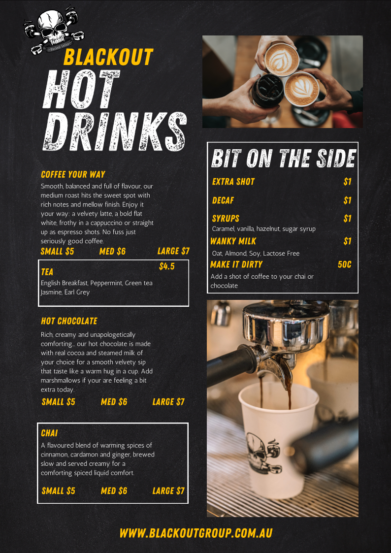 Menu, Blackout Coffee And Catering