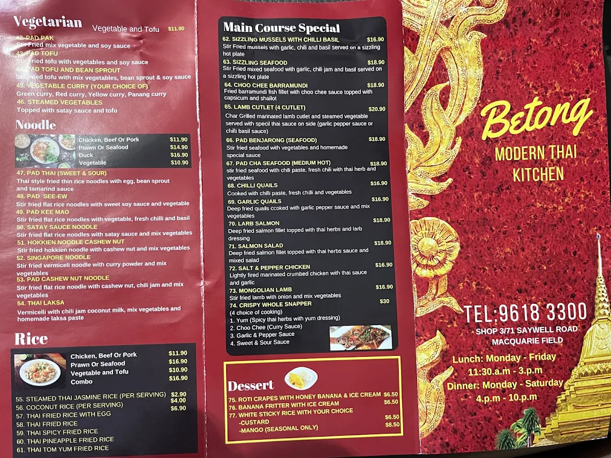 Menu, Betong Thai Restaurant