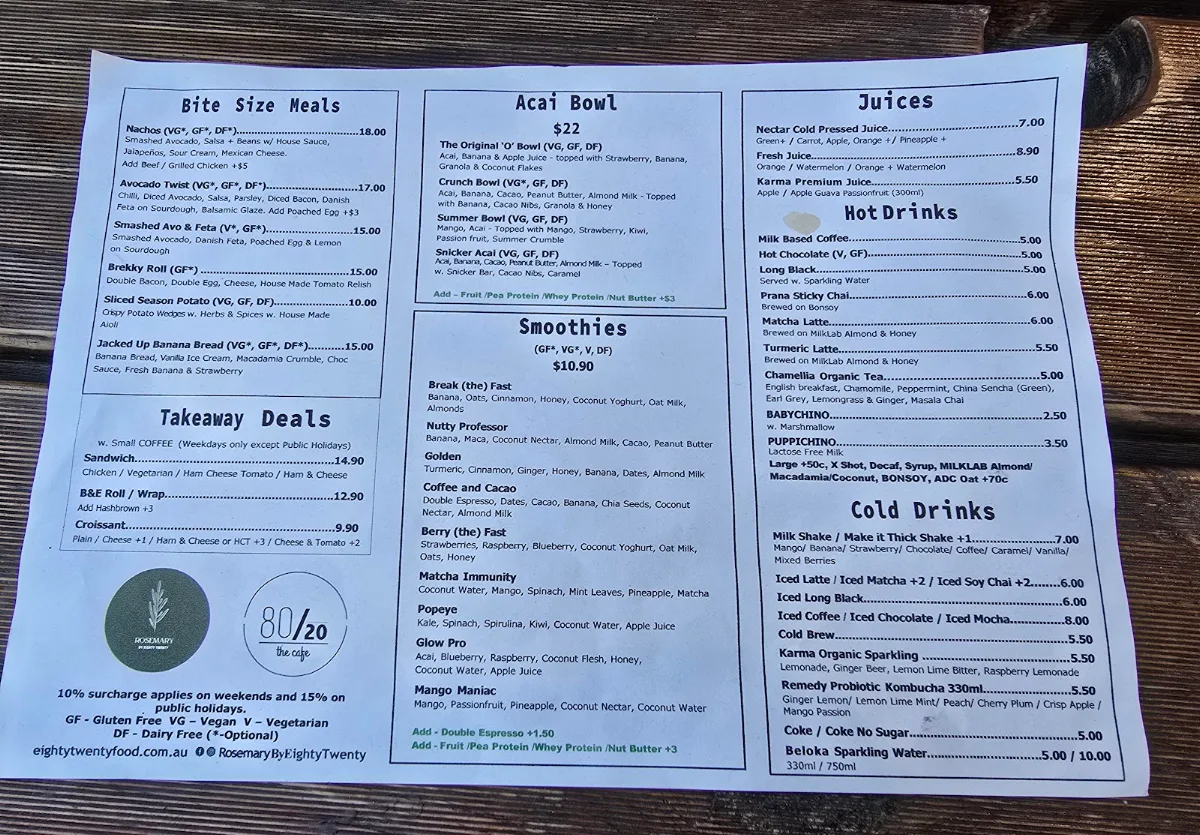Menu, Rosemary by EightyTwenty the cafe | Kingston Cafe