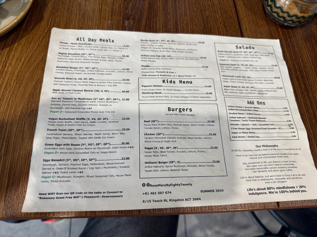 Menu, Rosemary by EightyTwenty the cafe | Kingston Cafe