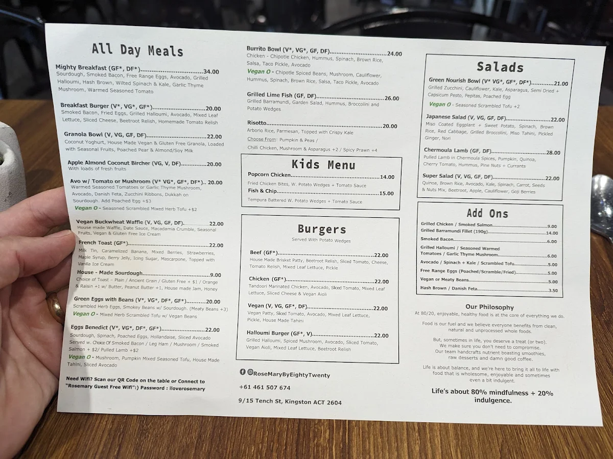 Menu, Rosemary by EightyTwenty the cafe | Kingston Cafe