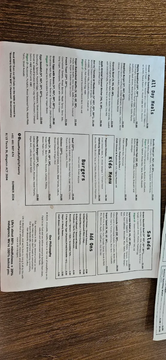 Menu, Rosemary by EightyTwenty the cafe | Kingston Cafe