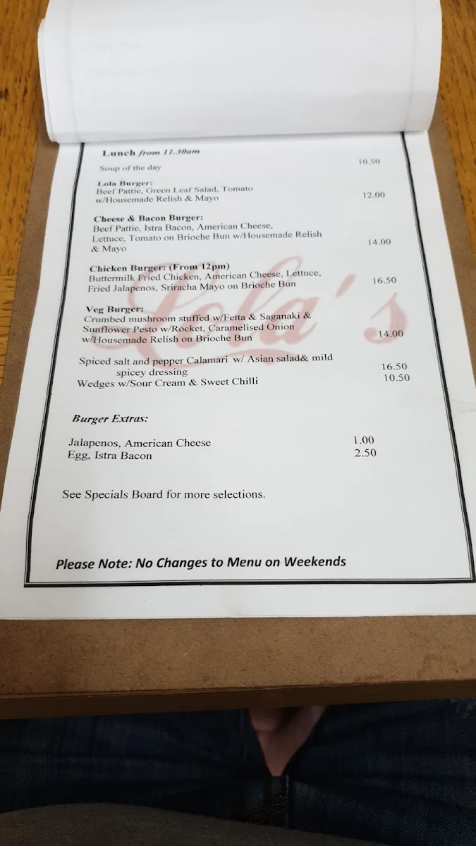 Menu, Lola's Cafe