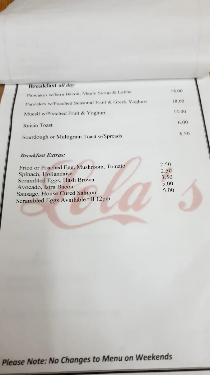 Menu, Lola's Cafe