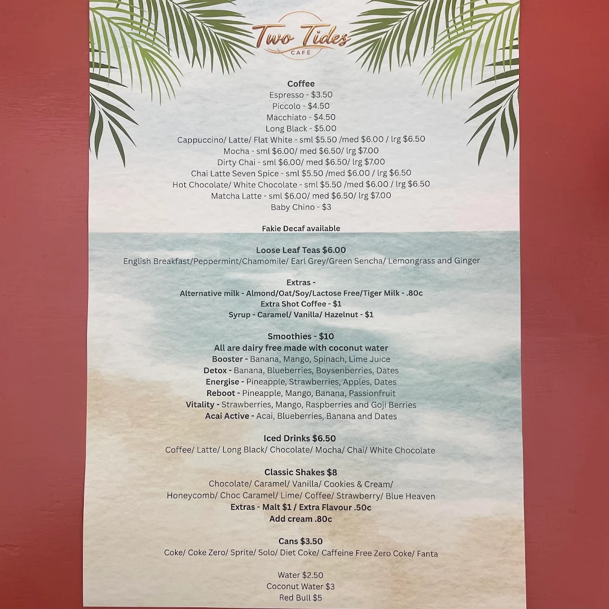 Menu, Two Tides Cafe