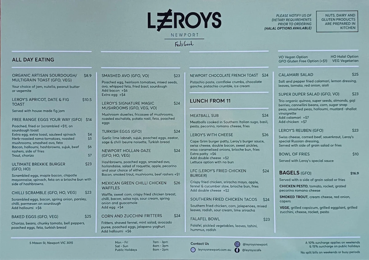Menu, Leroys
