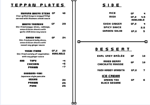 Menu, AKAMARU Japanese Casual Dining