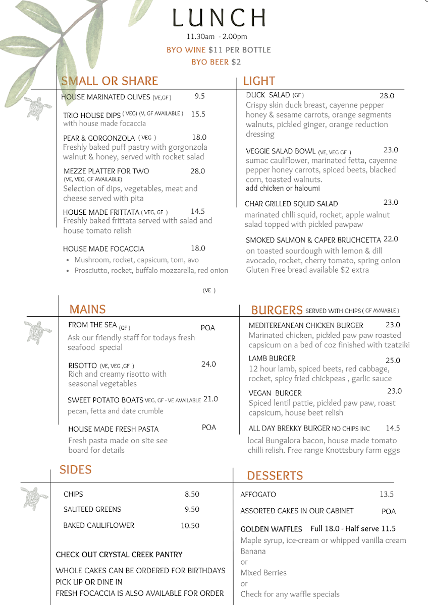 Menu, Crystal Creek Estate Cafe & Nursery