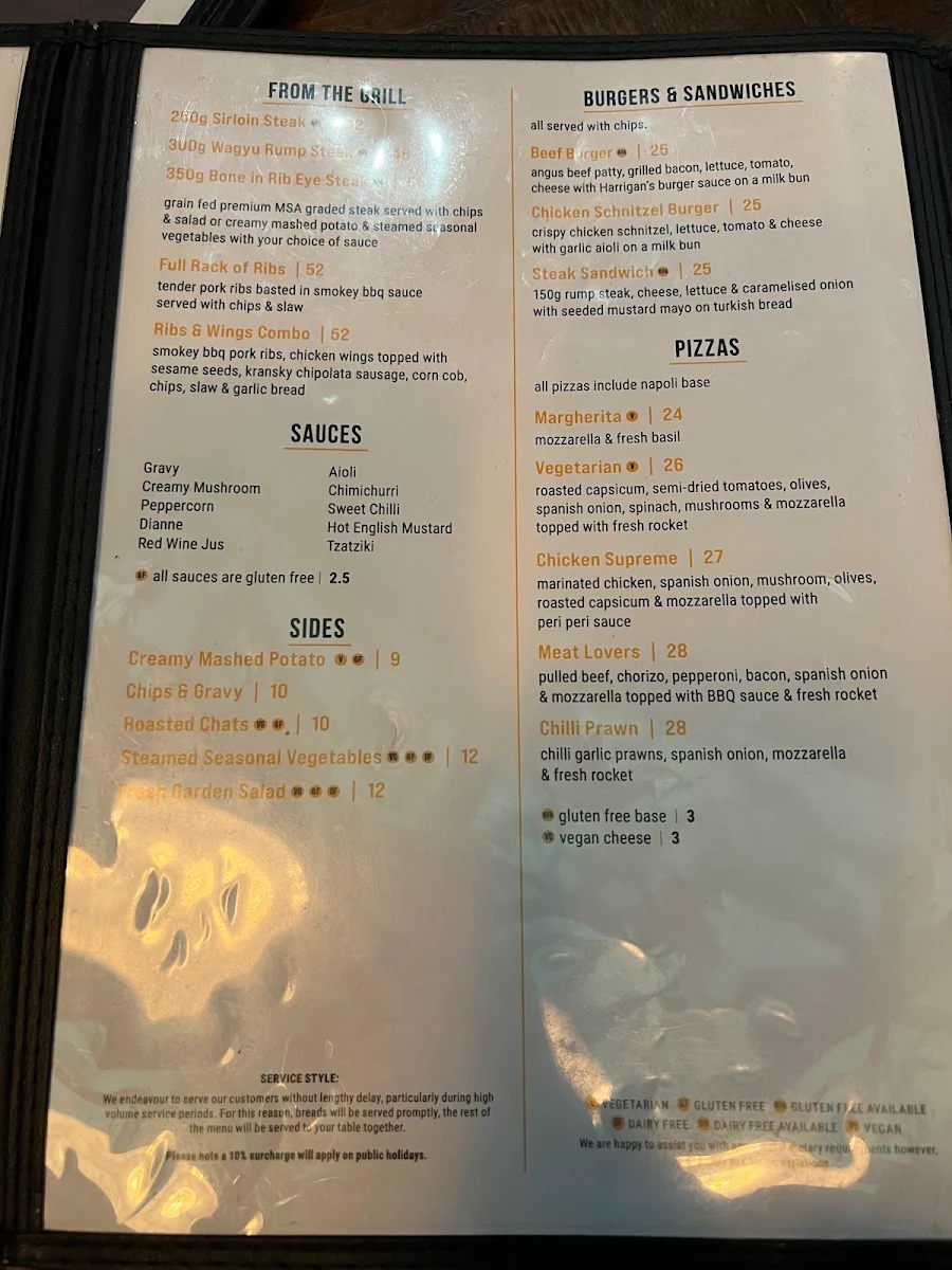 Menu, Harrigan's Hunter Valley