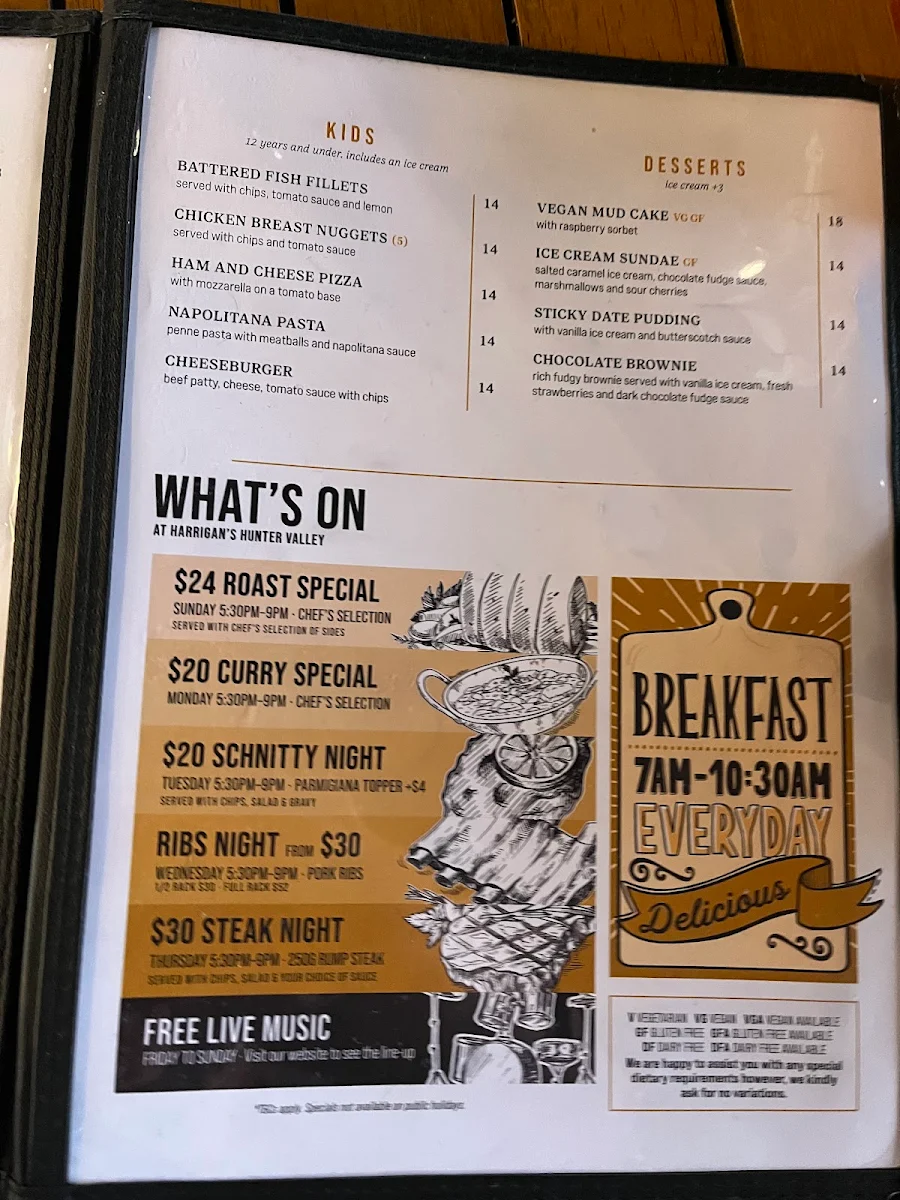 Menu, Harrigan's Hunter Valley