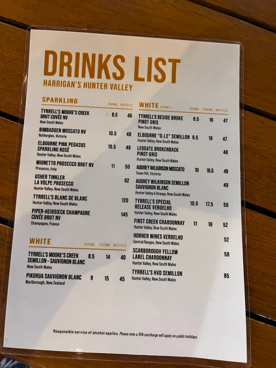 Menu, Harrigan's Hunter Valley