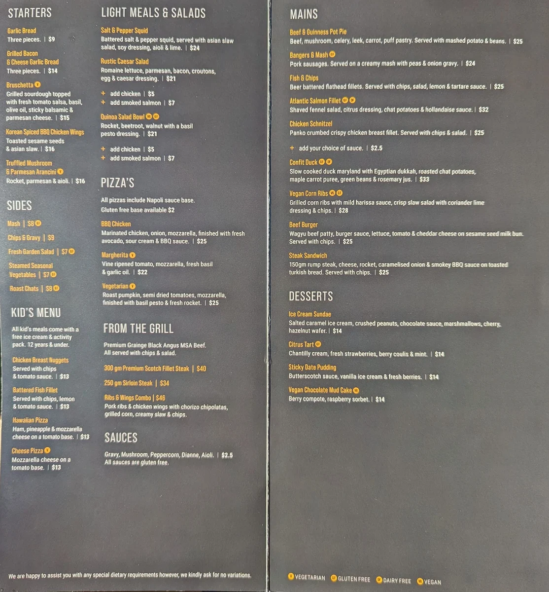Menu, Harrigan's Hunter Valley