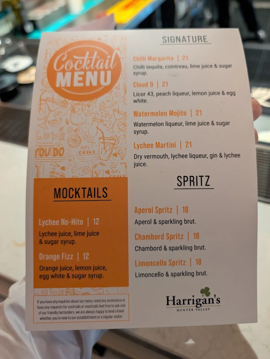 Menu, Harrigan's Hunter Valley