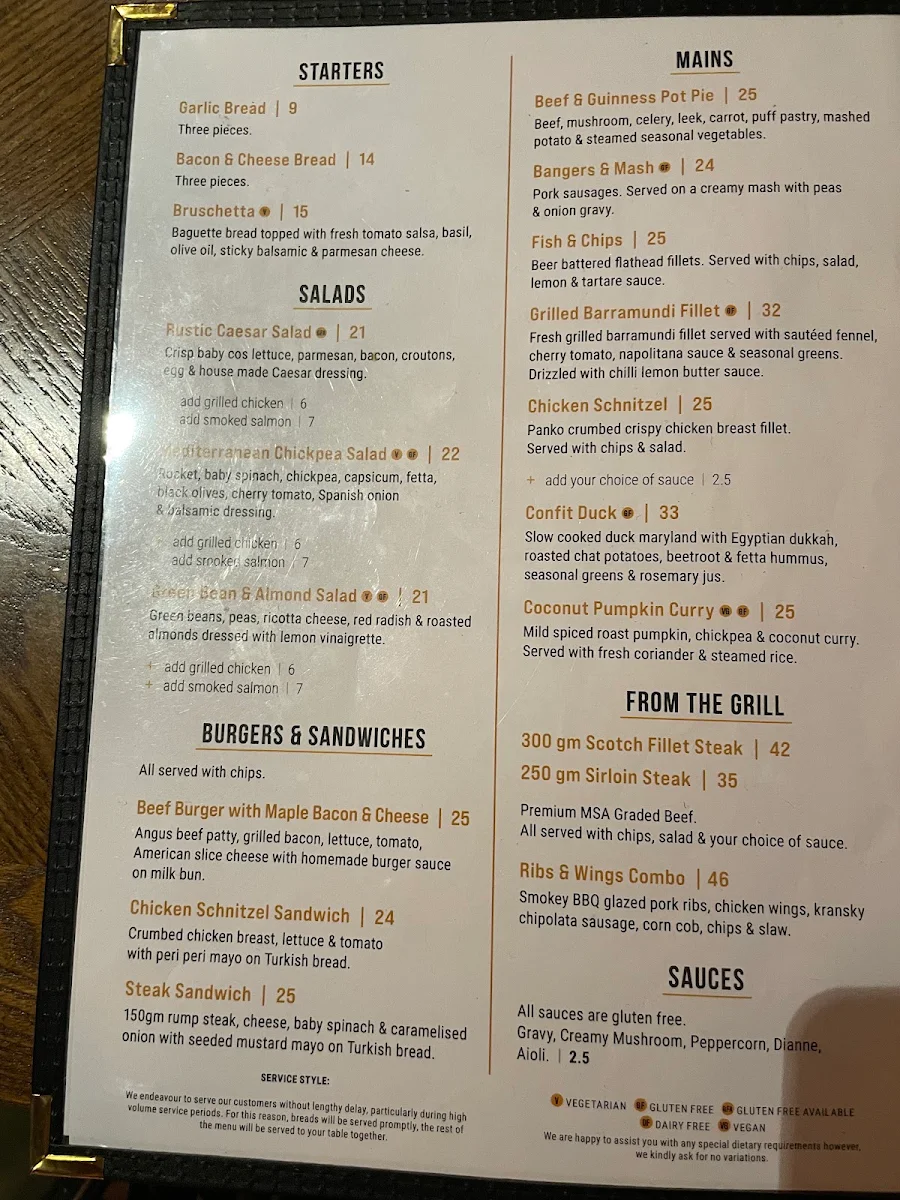 Menu, Harrigan's Hunter Valley