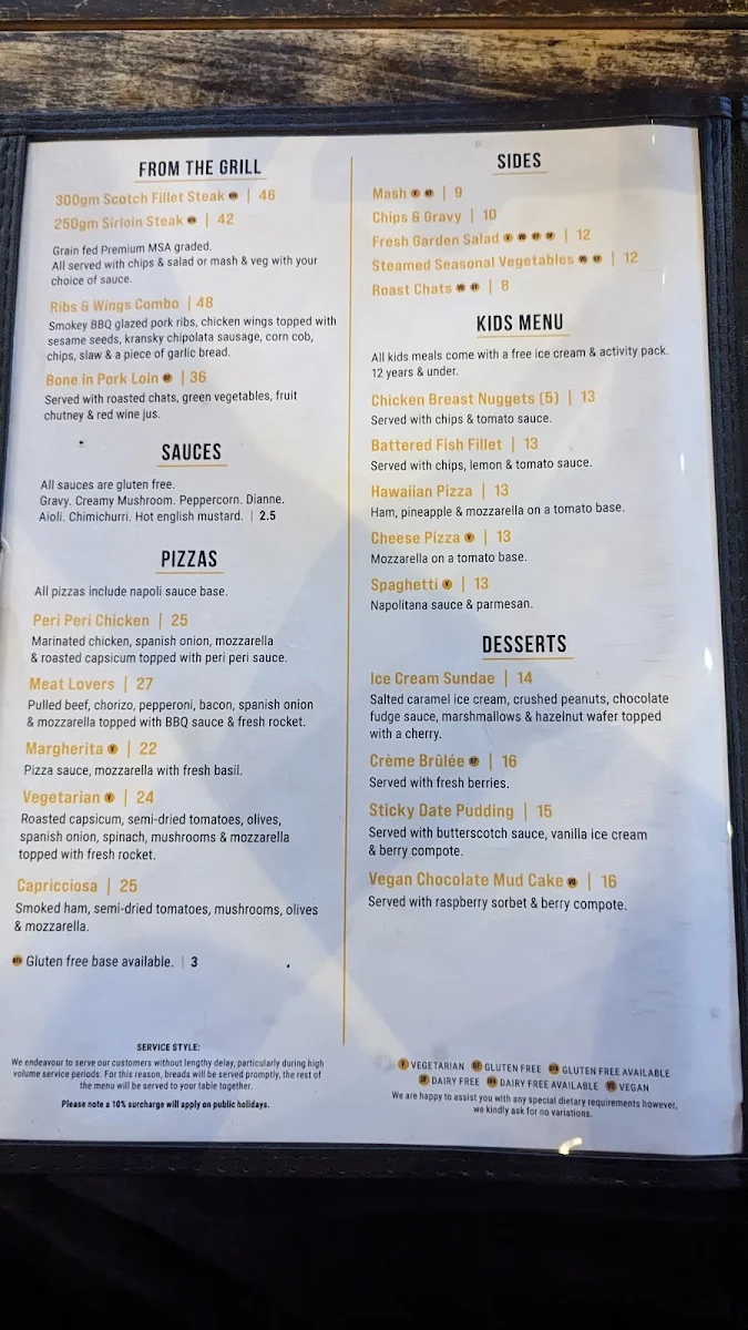 Menu, Harrigan's Hunter Valley