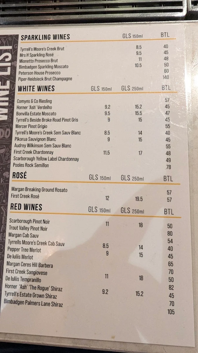 Menu, Harrigan's Hunter Valley
