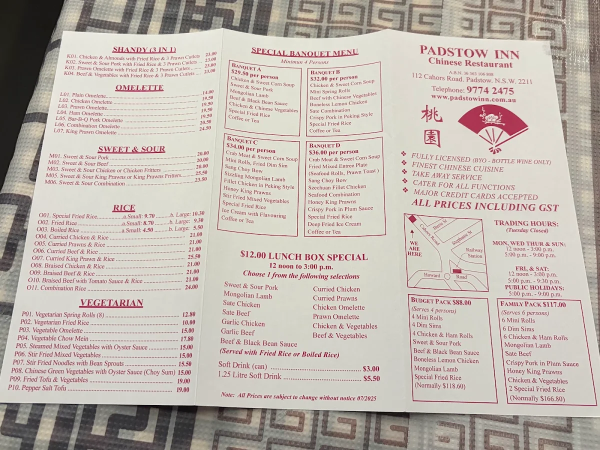 Menu, Padstow Inn Chinese Restaurant