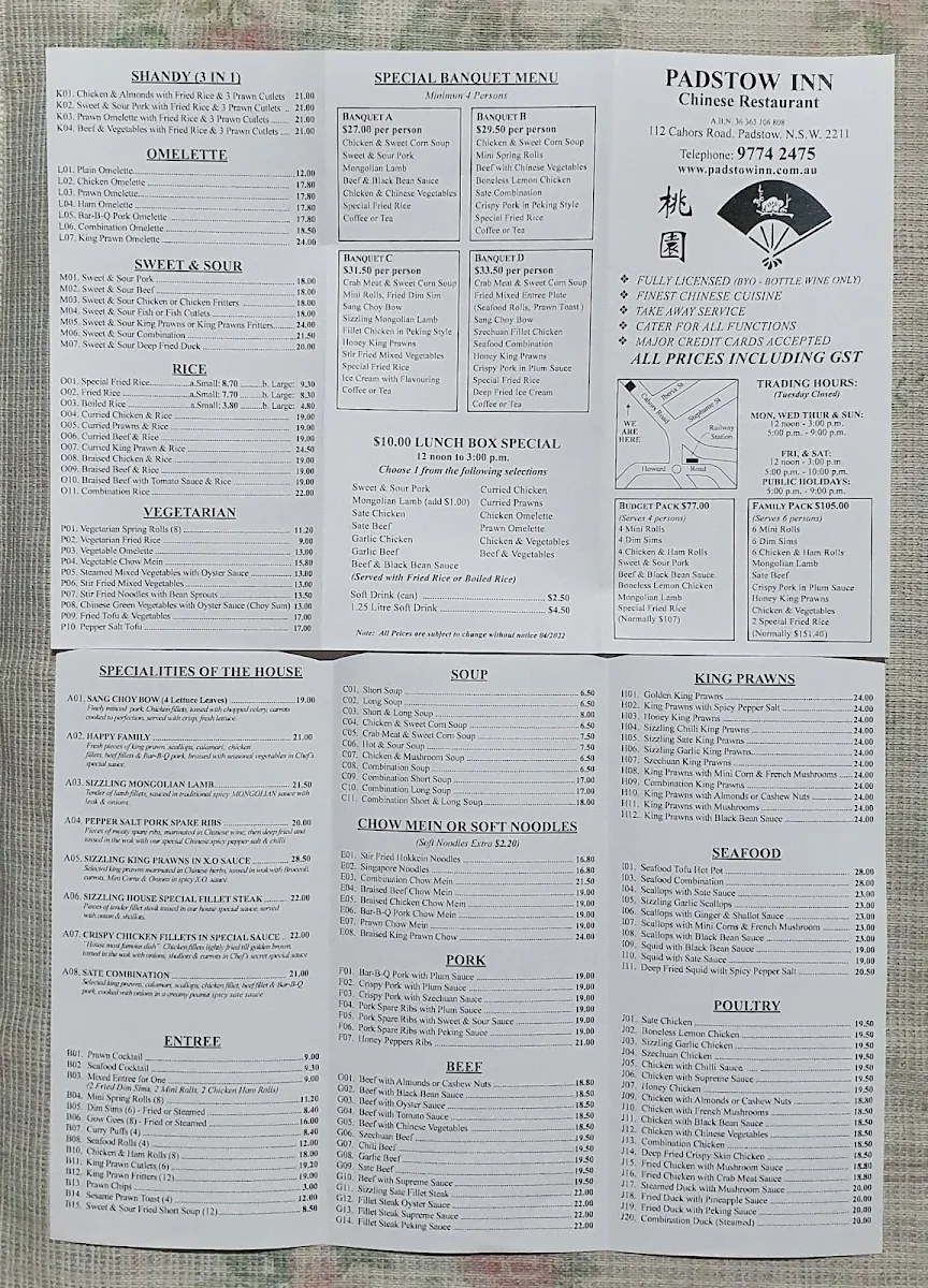 Menu, Padstow Inn Chinese Restaurant