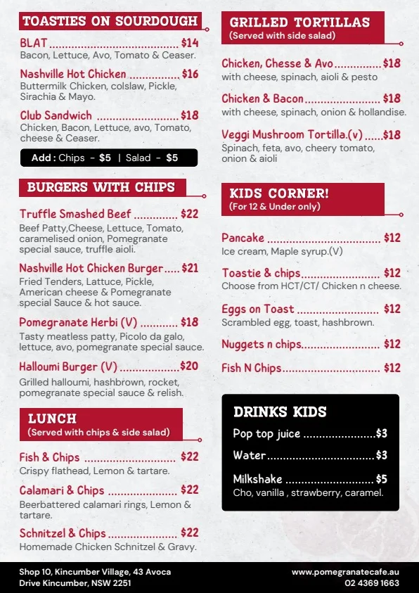 Menu, Pomegranate Cafe & Eatery