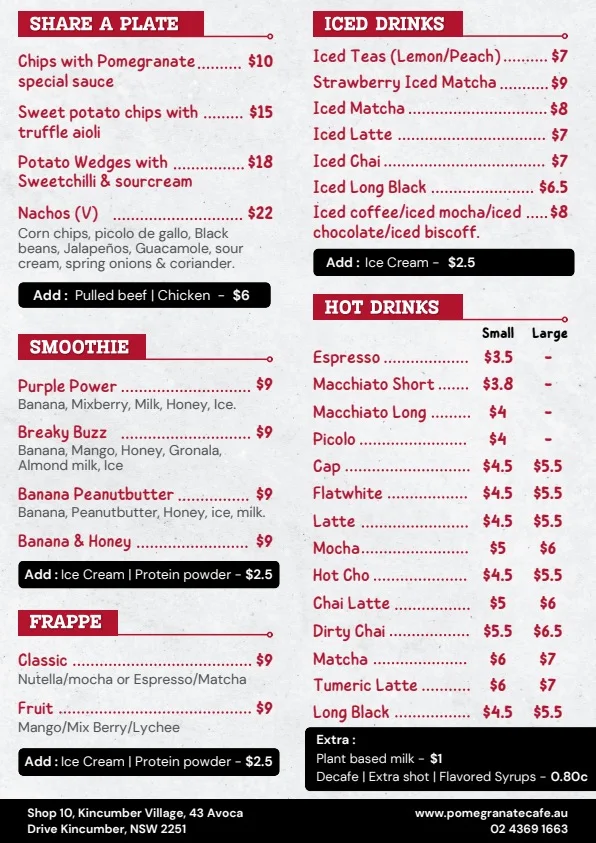 Menu, Pomegranate Cafe & Eatery