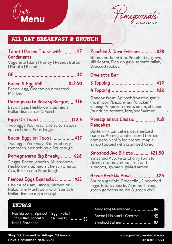 Menu, Pomegranate Cafe & Eatery