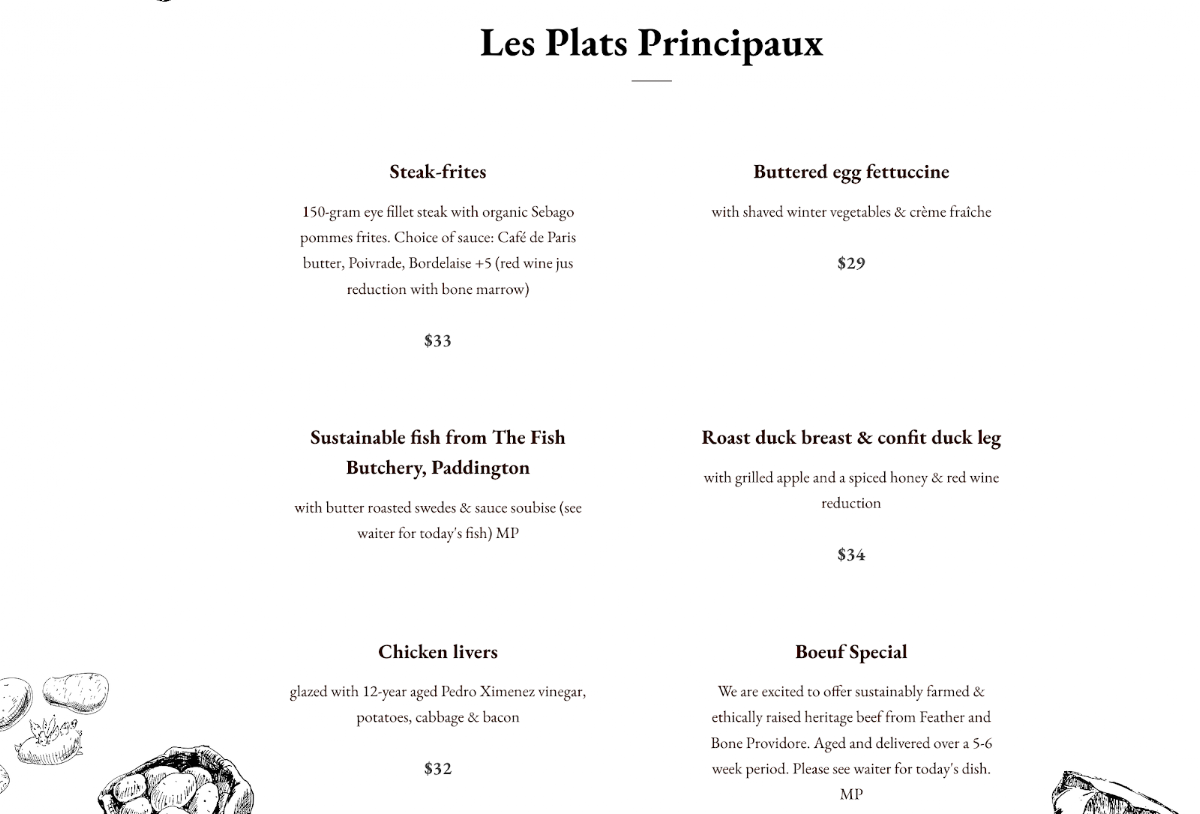 Menu, Bistro St Jacques