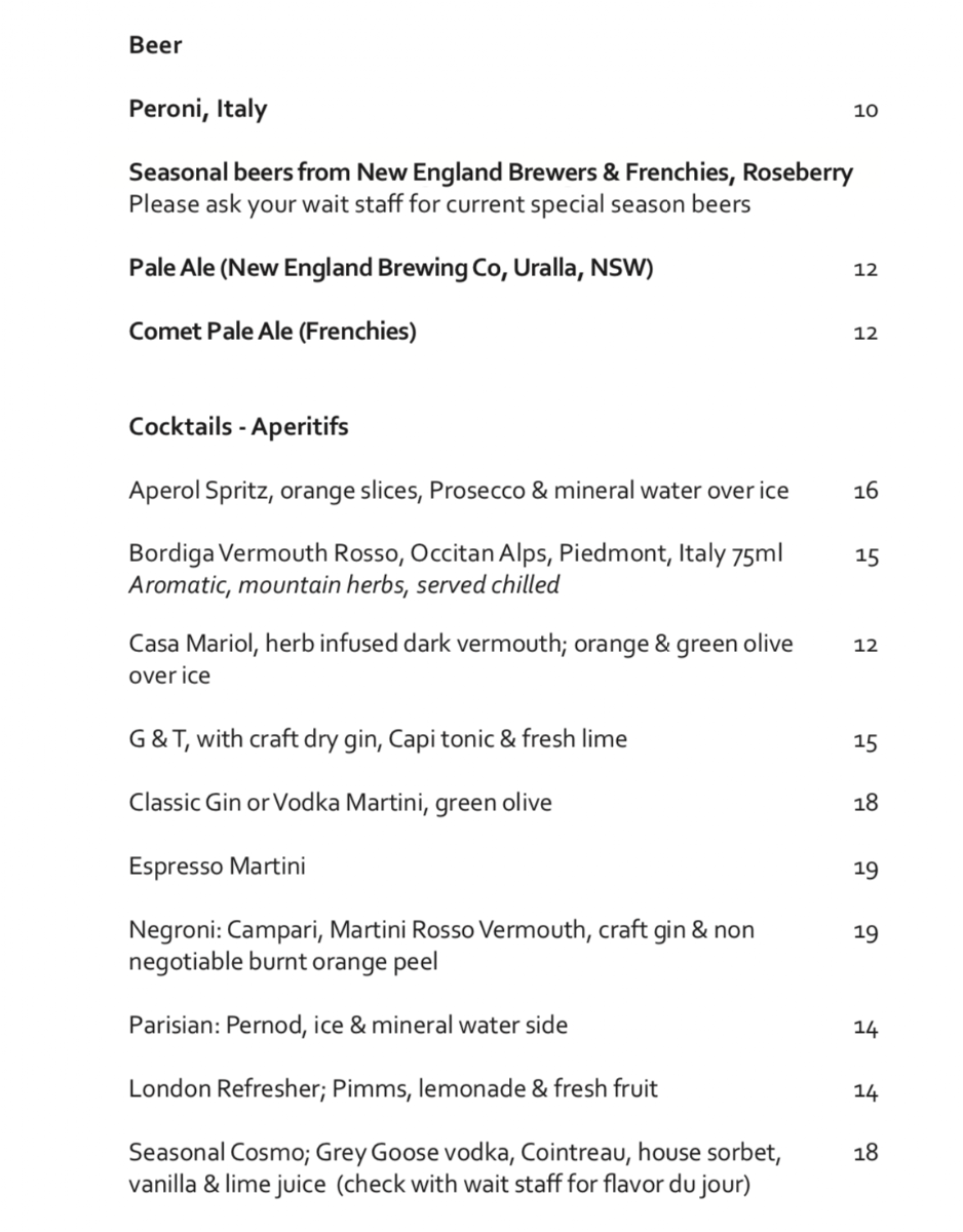 Menu, Bistro St Jacques