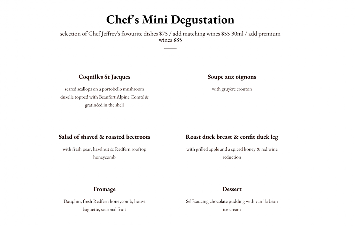 Menu, Bistro St Jacques
