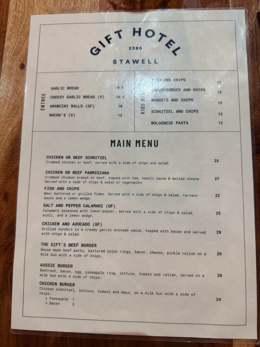 Menu, Gift Hotel Stawell