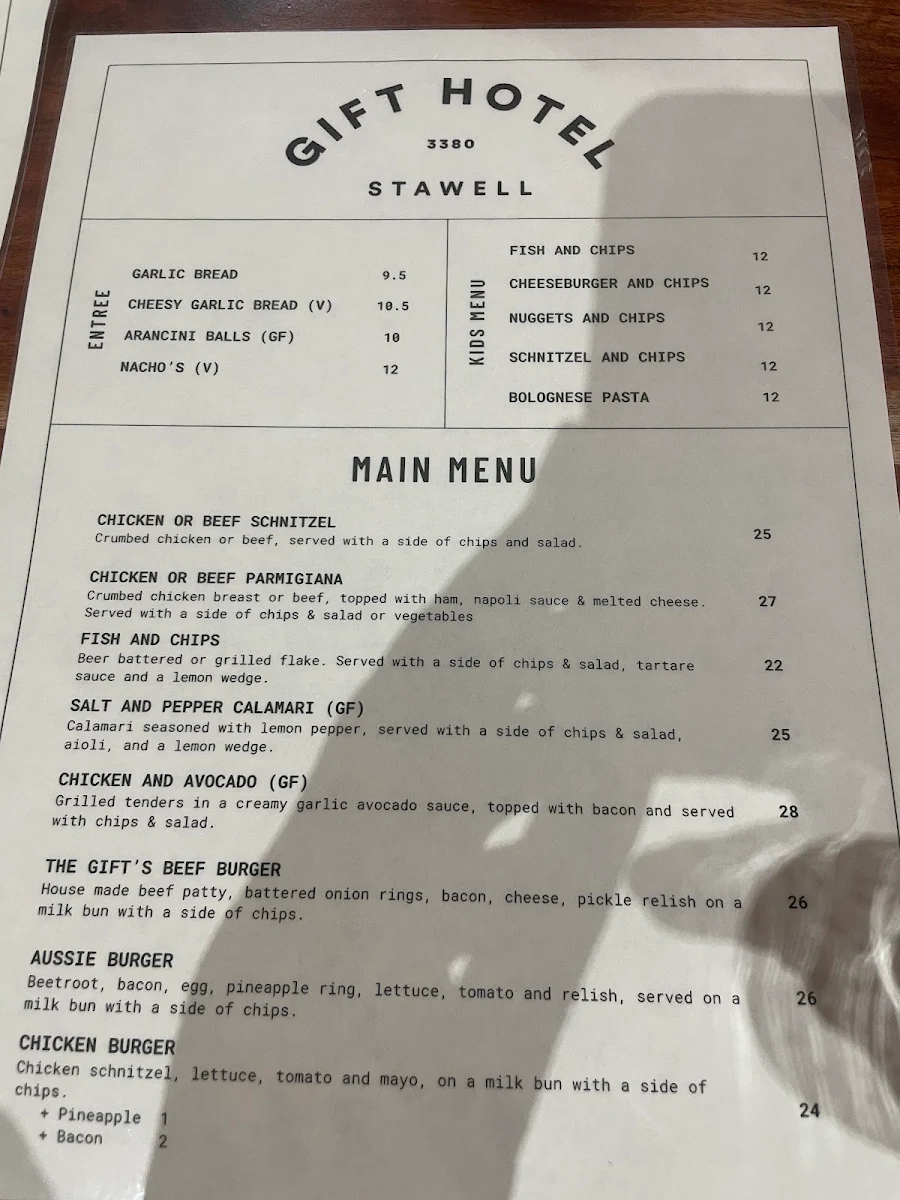 Menu, Gift Hotel Stawell