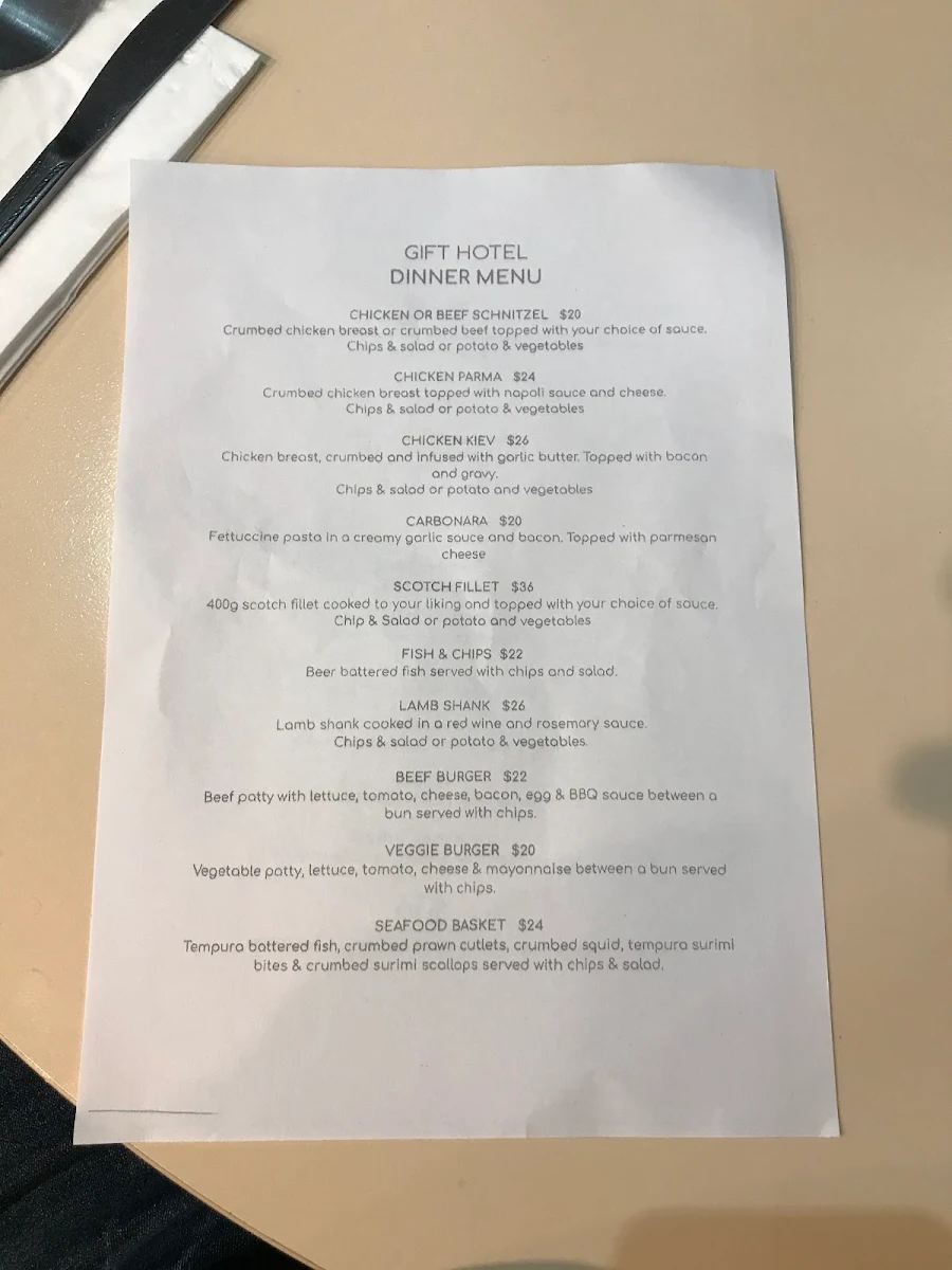 Menu, Gift Hotel Stawell