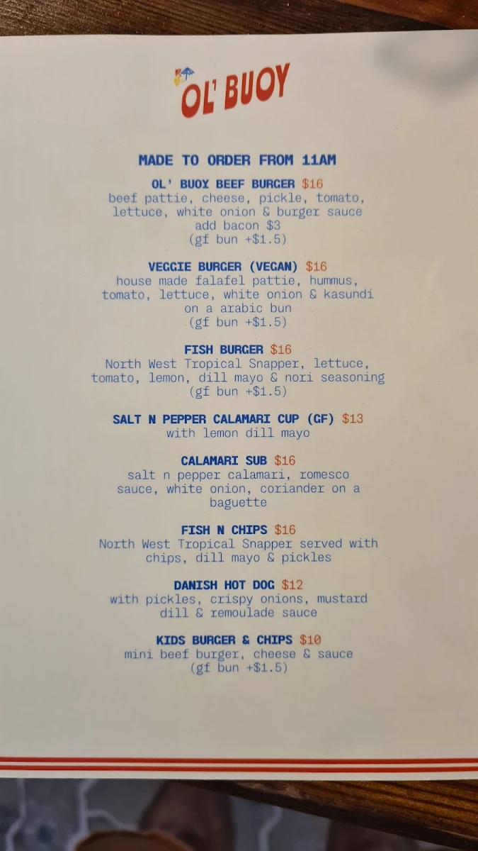 Menu, Ol' Buoy