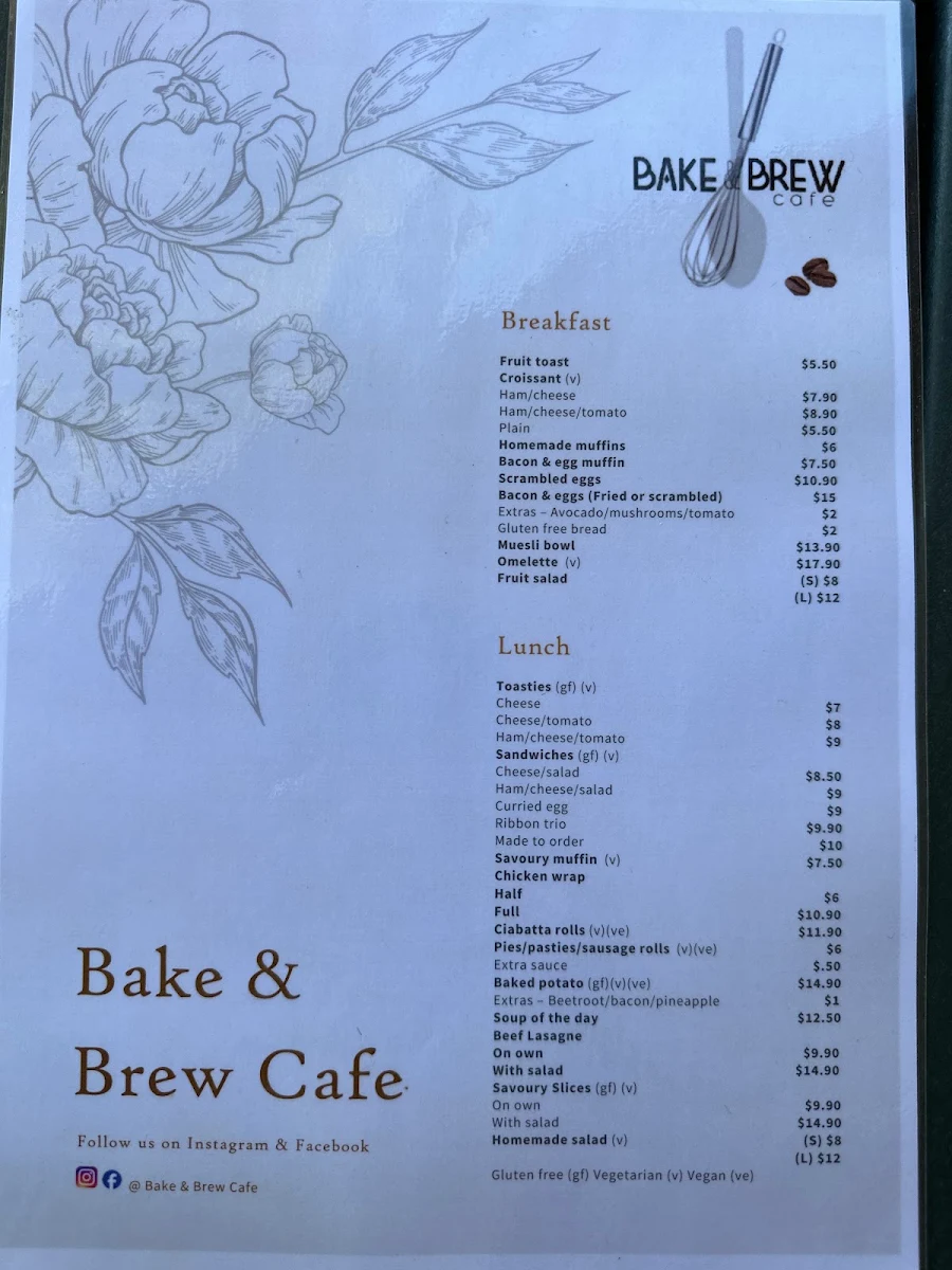 Menu, Bake & Brew Cafe