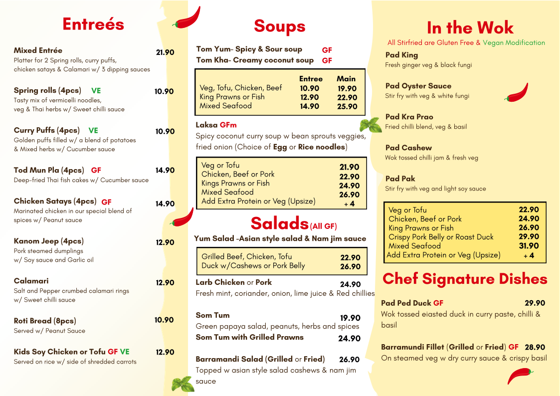 Menu, Buddha Belly Thai Takeaway