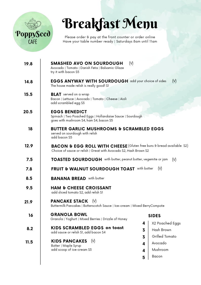 Menu, PoppySeed Cafe