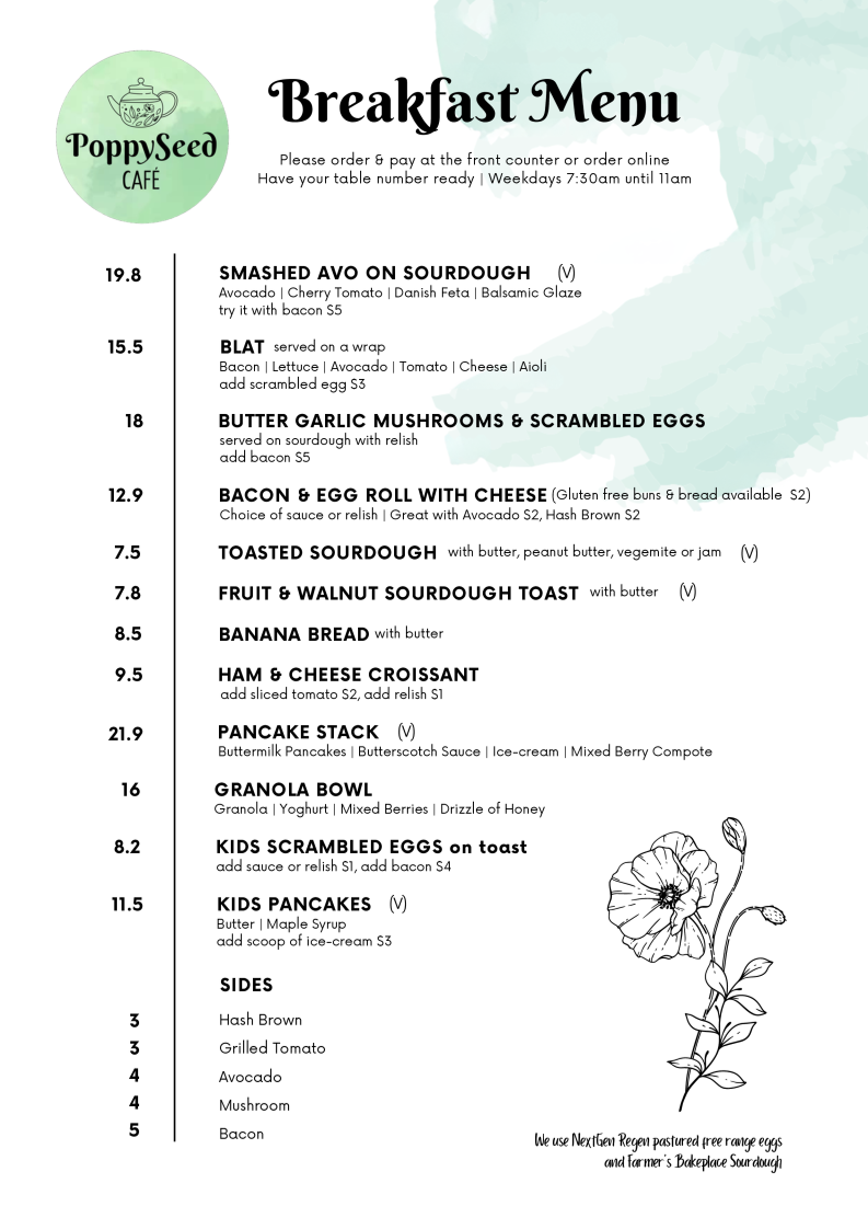 Menu, PoppySeed Cafe