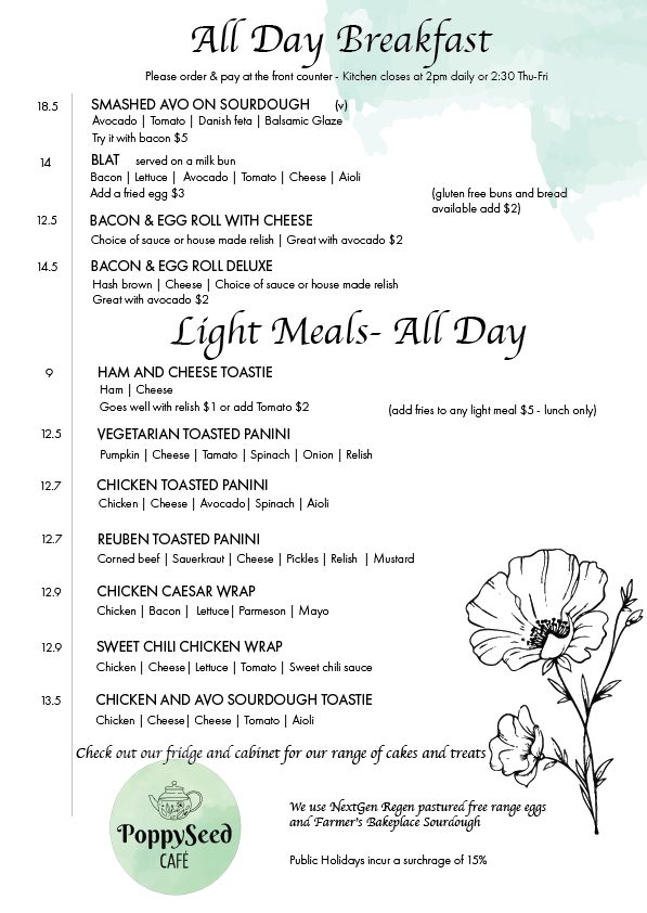 Menu, PoppySeed Cafe