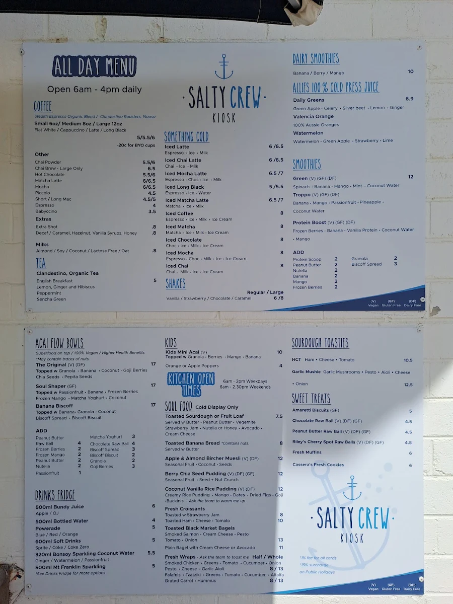Menu, Salty Crew Kiosk