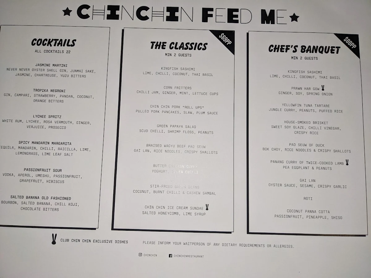 Menu, Club Chin Chin
